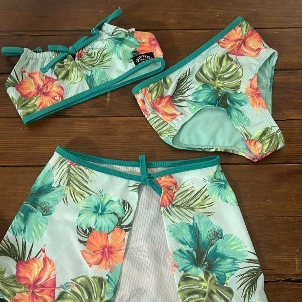 Justice 3 piece swimsuit XS 5/6 teal